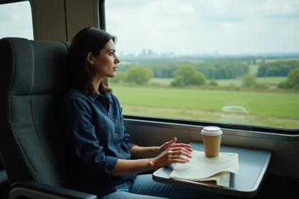 Femme assise dans un train moderne regardant le paysage entre Montréal et New York, voyage confortable en train