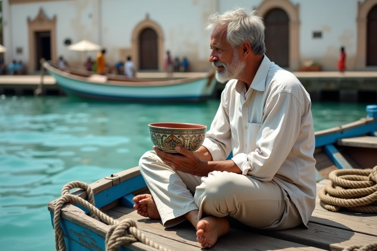 Voyageur assis sur un boutre traditionnel dans le port de Zanzibar, Tanzanie, tenant un bol artisanal peint à la main