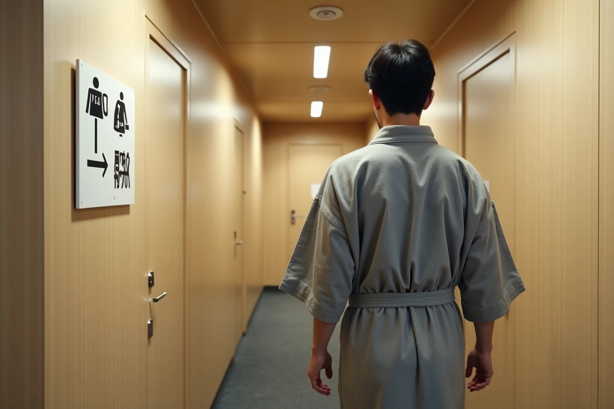 Voyageur en yukata dans le couloir d'un hôtel capsule se dirigeant vers les toilettes communes signalisées