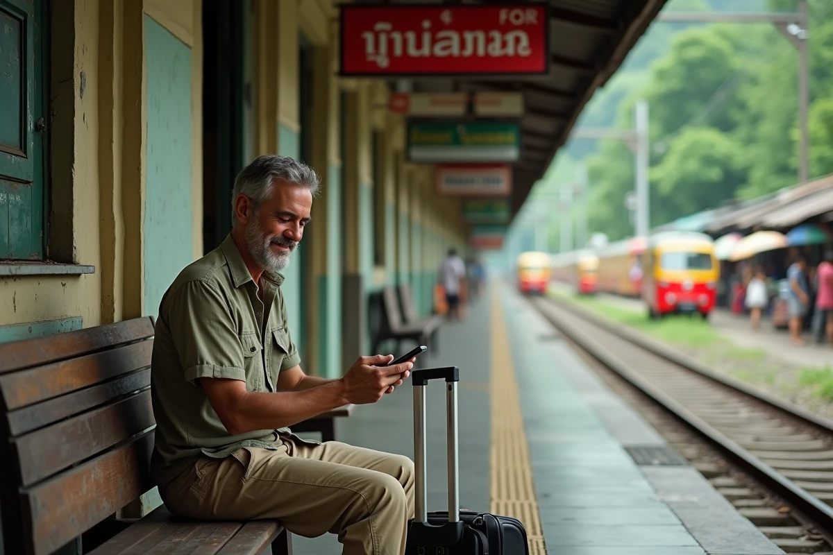 Voyageur français détendu dans une gare thaïlandaise, illustrant les destinations accessibles sans visa pour les citoyens français