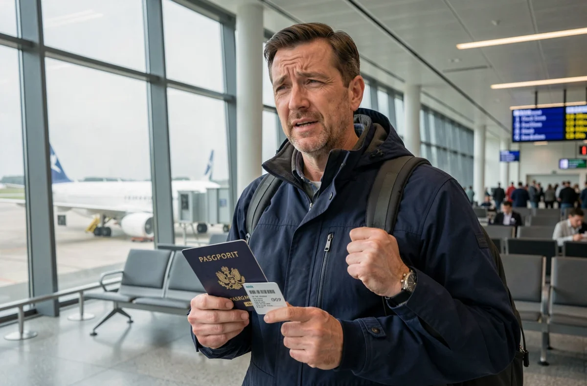 Voyageur tenant un passeport d'urgence à l'aéroport avant un départ vers le Maroc