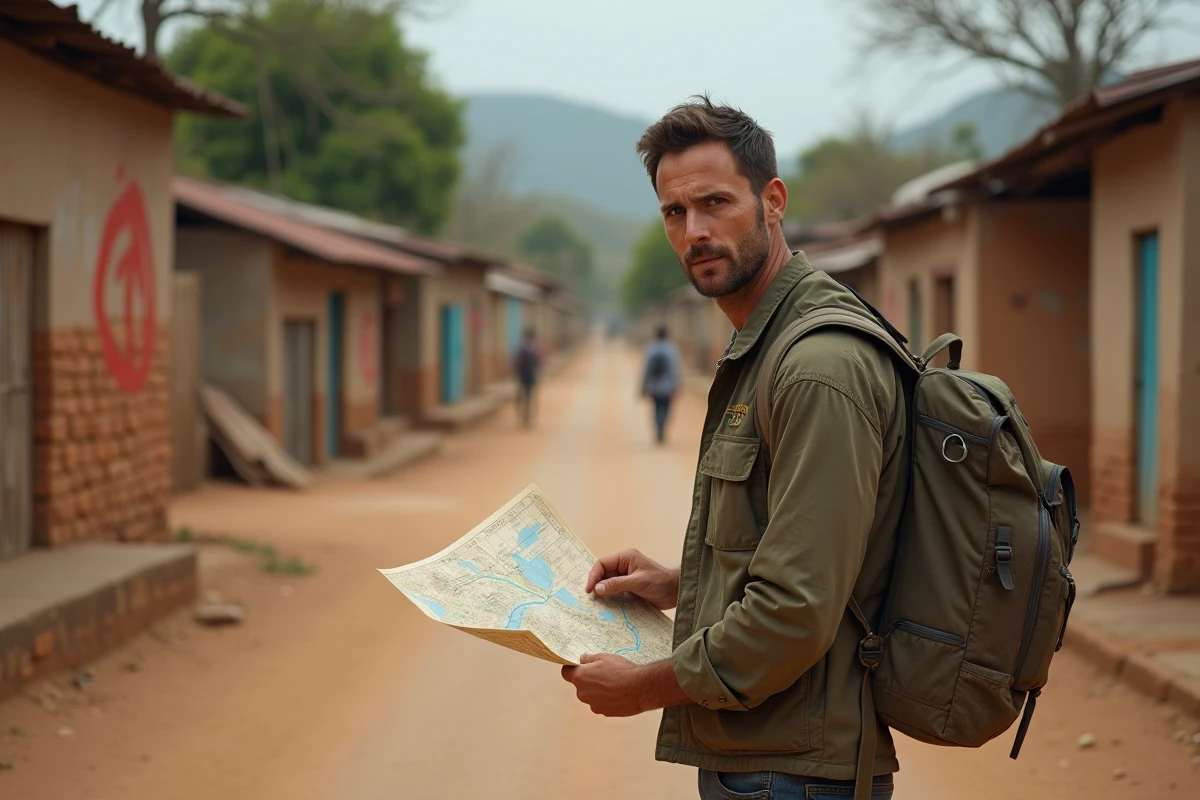 Voyageur solitaire consultant une carte papier dans un village rural d'un pays rarement visité, atmosphère authentique et dépaysante
