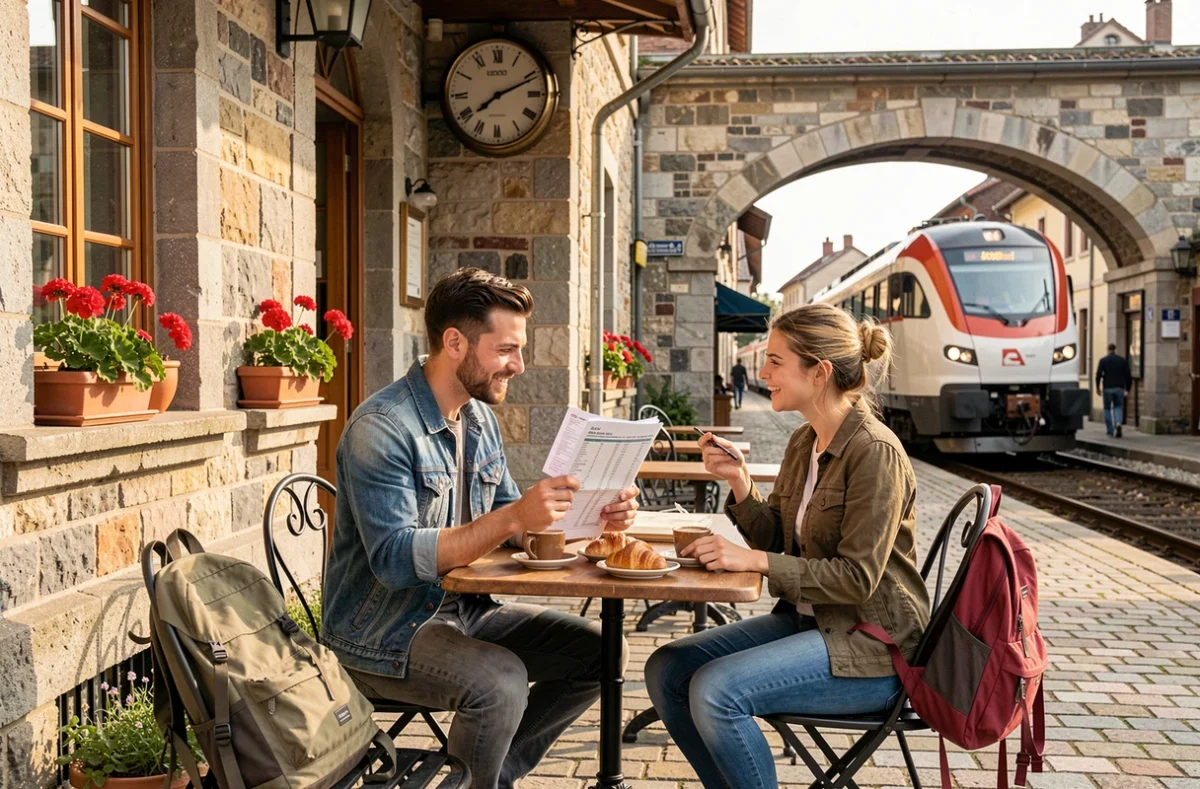 Deux voyageurs consultant un horaire de train en terrasse de café devant une gare ferroviaire transfrontalière européenne