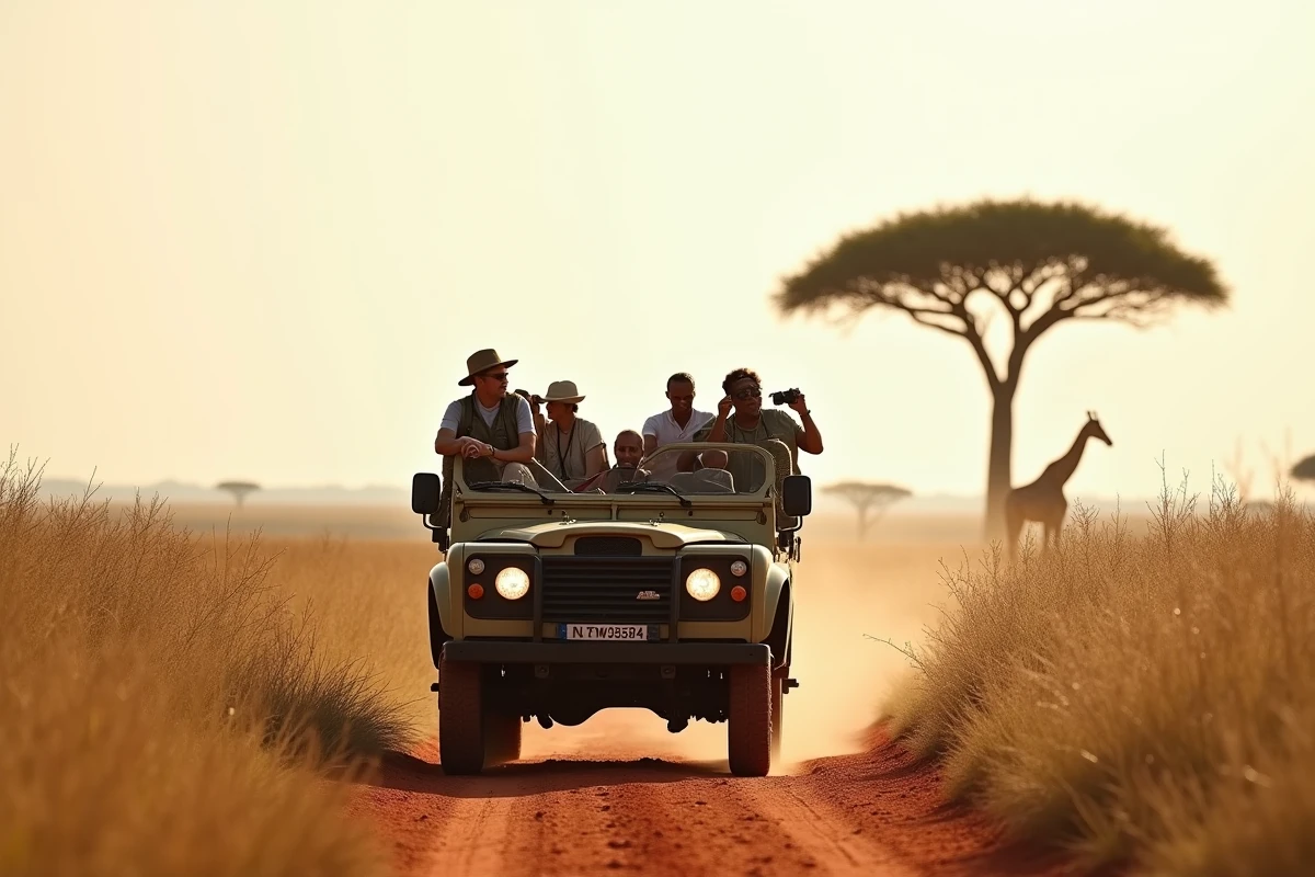 Groupe de voyageurs en jeep découvrant la faune sauvage du Serengeti en safari