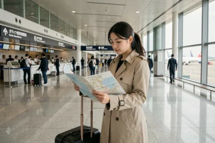 Voyageuse consultant un plan des transports dans le terminal de l'aéroport international de Narita, Tokyo, avec sa valise à roulettes