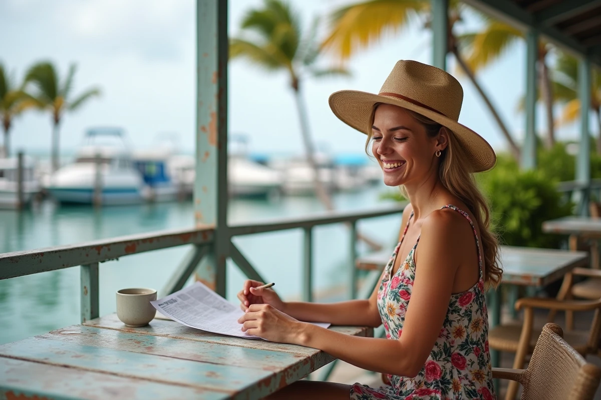 Voyageuse au café en plein air du resort de Marathon en Floride avec vue sur la marina