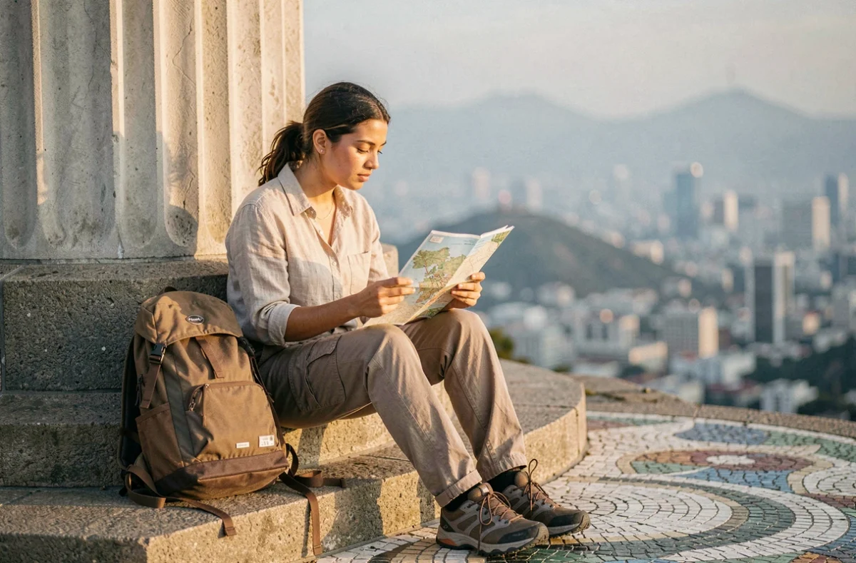 Voyageuse consultant une carte touristique assise au pied du Christ Rédempteur sur le Corcovado à Rio de Janeiro