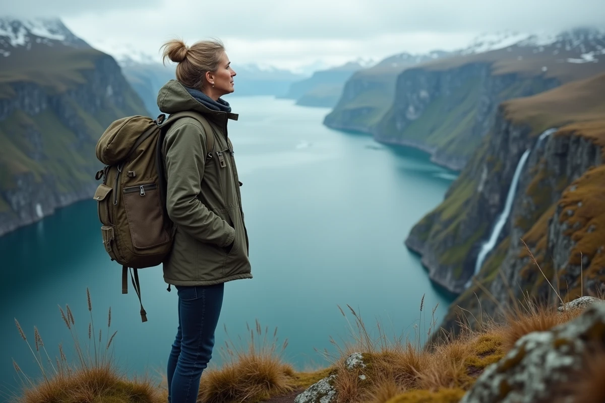 Voyageuse contemplant un fjord norvégien depuis une falaise côtière spectaculaire avec cascades et eaux turquoise