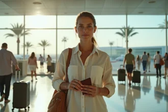 Femme française tenant un passeport dans un aéroport tropical, prête à voyager sans visa vers une destination exotique