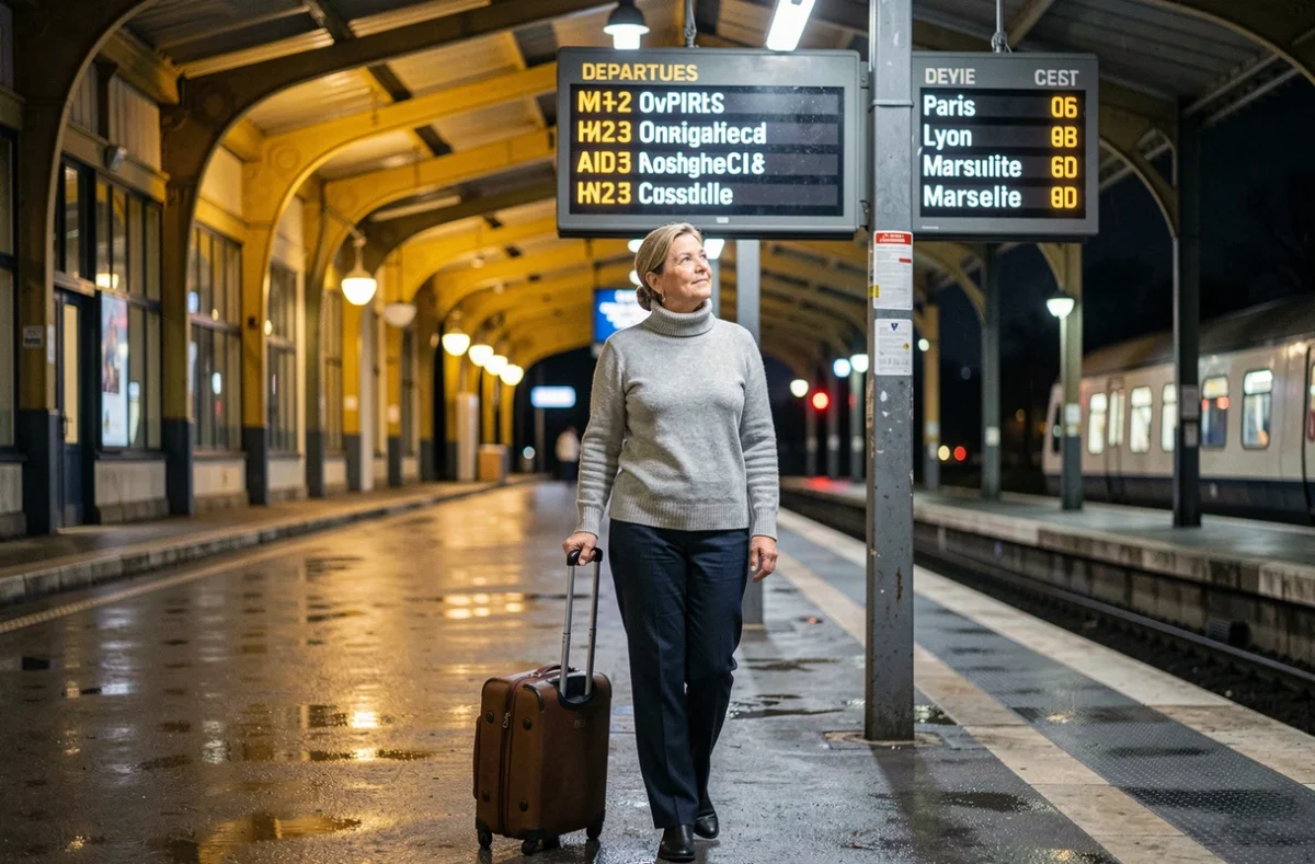 Femme en attente sur un quai de gare française la nuit, devant un tableau des départs de trains de nuit vers Paris et Lyon