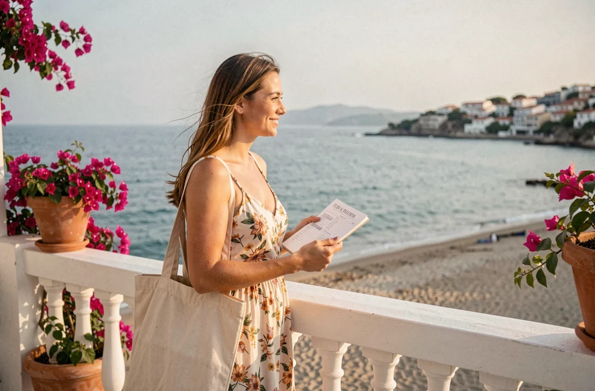 Voyageuse solo profitant d'un séjour tout compris économique depuis un balcon avec vue sur la mer Méditerranée