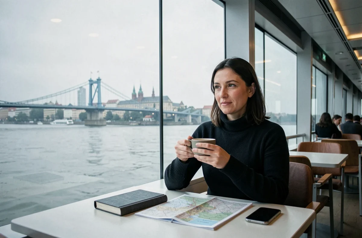 Voyageuse solo savourant un café dans le salon panoramique d'un bateau fluvial avec vue sur le pont des Chaînes et le château de Buda à Budapest