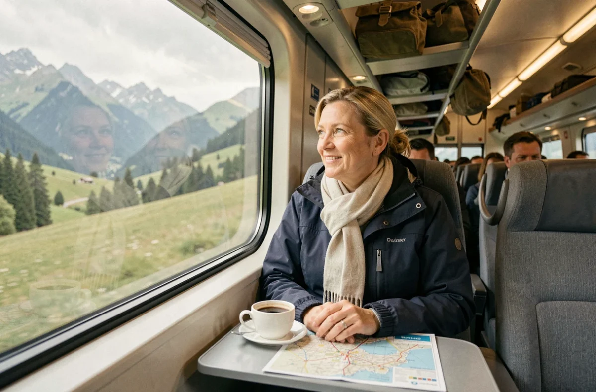 Femme voyageant en train à travers les Alpes européennes, assise près d'une fenêtre panoramique avec une carte ferroviaire